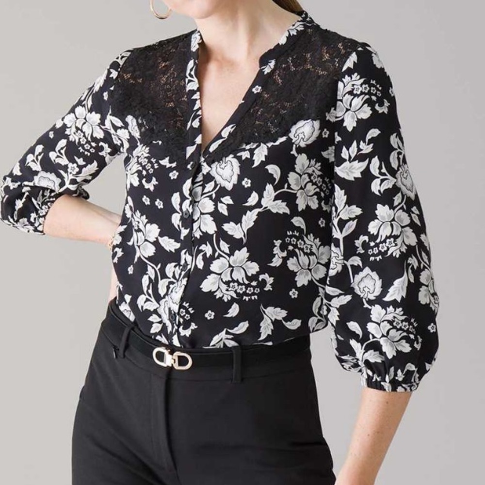 White House Black Market Black & White Floral Lace Trim Button Blouse